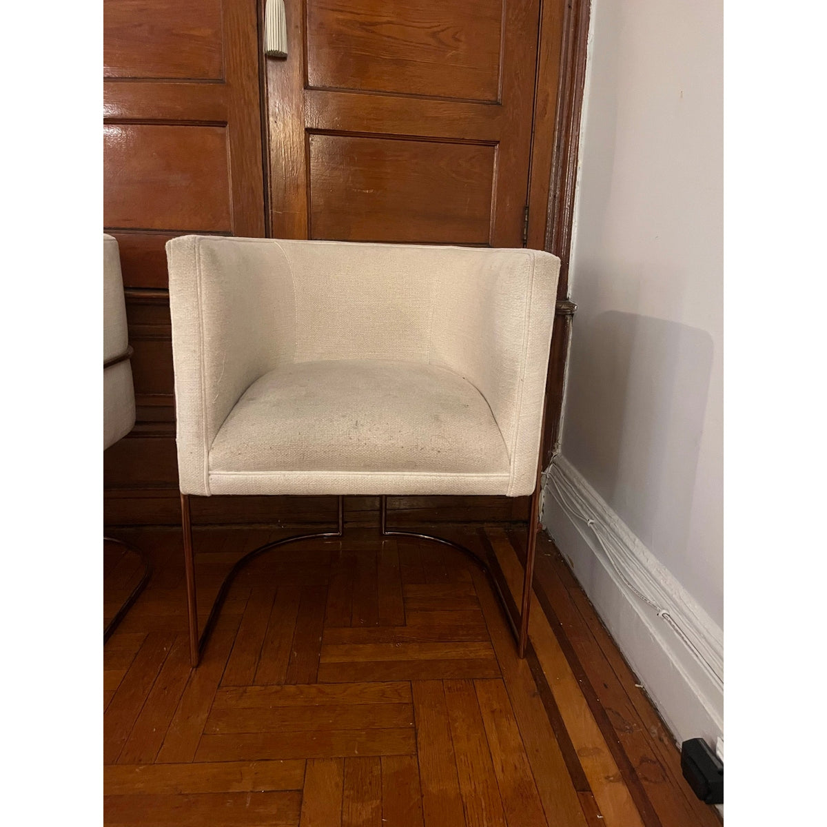 Sunday Pick. North Hoboken. Pair of Anthropologie Barrel Chairs. Rose Gold Frame