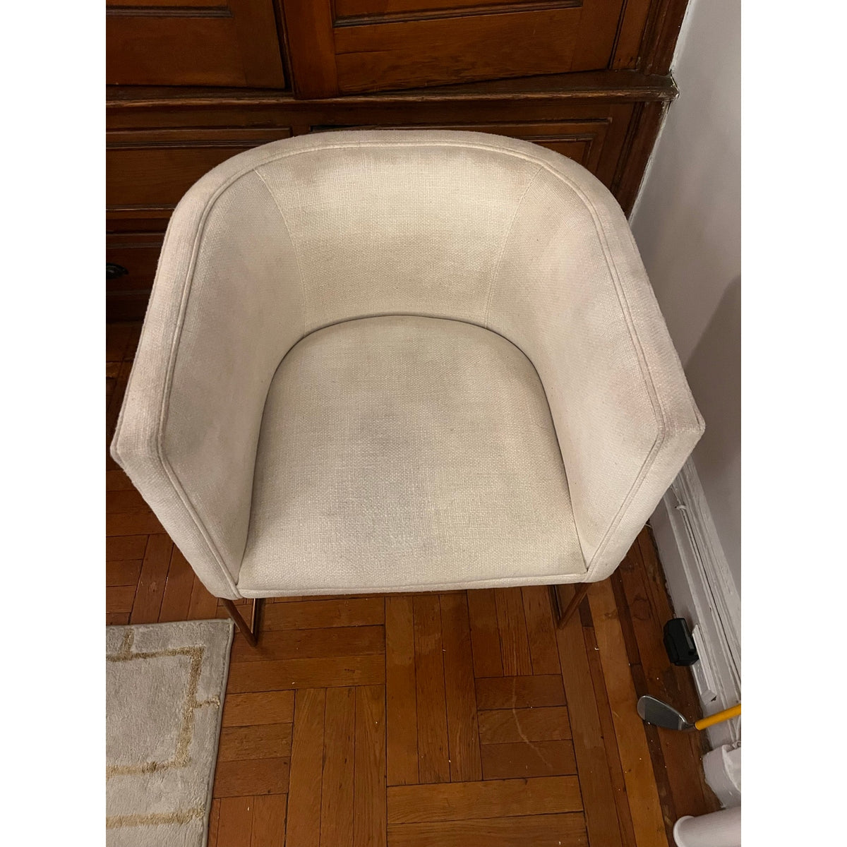 Sunday Pick. North Hoboken. Pair of Anthropologie Barrel Chairs. Rose Gold Frame