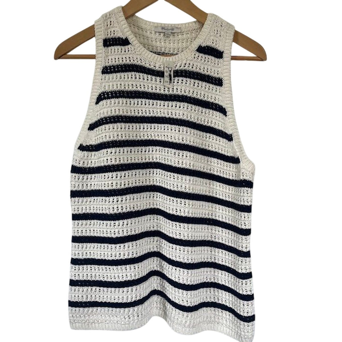 Madewell Crochet-Knit Crewneck Sweater Tank in Navy Stripe