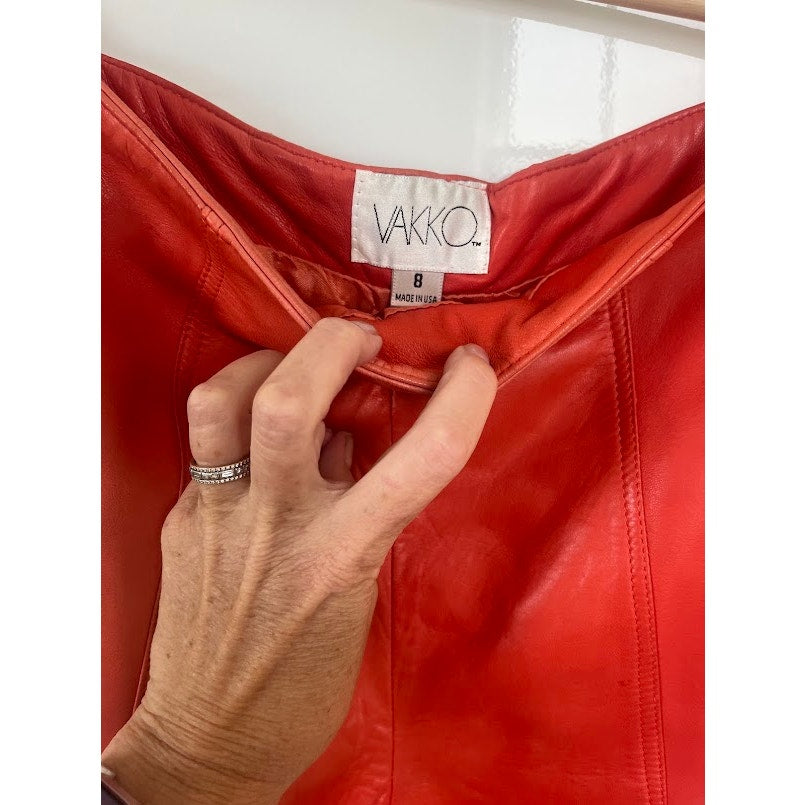 Vintage Vakko Orange Red Leather Shorts High Waist 80s 90s Butter Soft