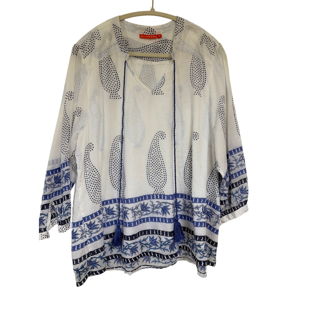 Oliphant Block Print Tunic White Blue Paisley Tassel Tie Neck Cotton Womens XL