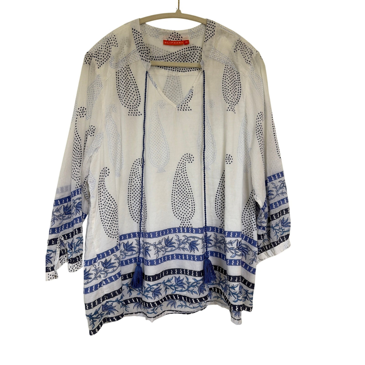Oliphant Block Print Tunic White Blue Paisley Tassel Tie Neck Cotton Womens XL