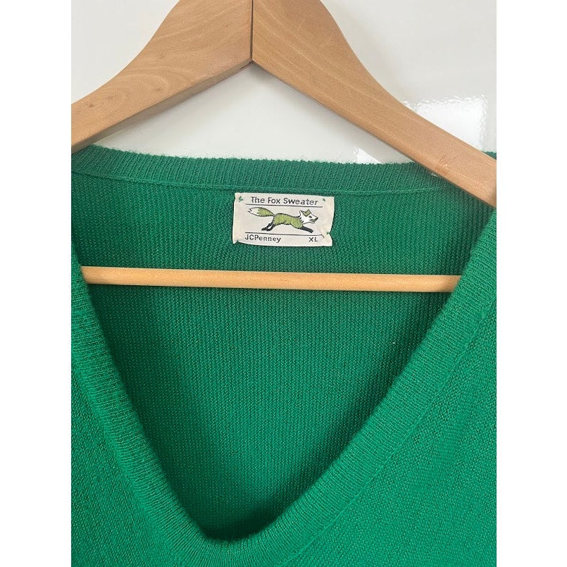 Vintage 80s JCPenney The Fox Sweater XL Augusta Green Preppy V Neck