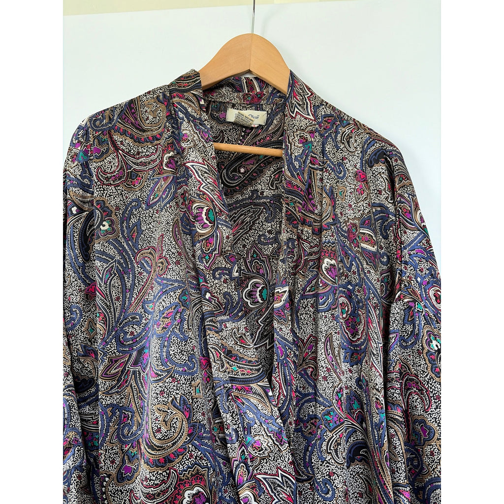 Vintage Marie Ellyse Paisley Maxi Robe Silky Long Dressing Gown Purple Womens L