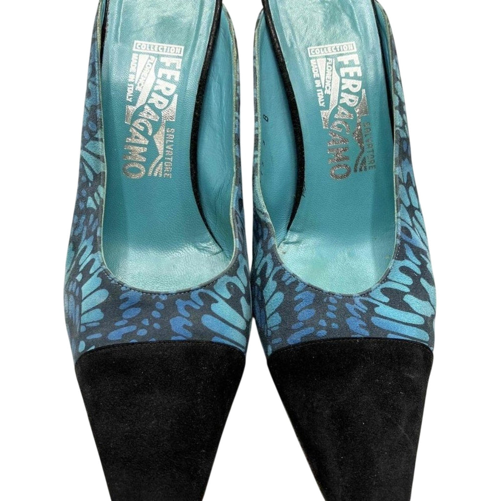 Salvatore Ferragamo Satin Mule Heel | Peacock Print | Cap Toe | Size 9B