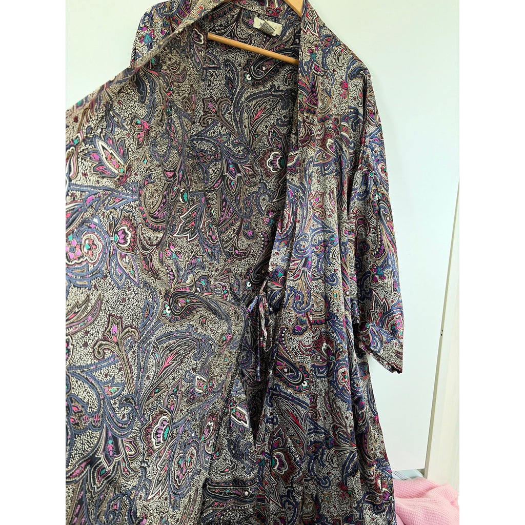 Vintage Marie Ellyse Paisley Maxi Robe Silky Long Dressing Gown Purple Womens L
