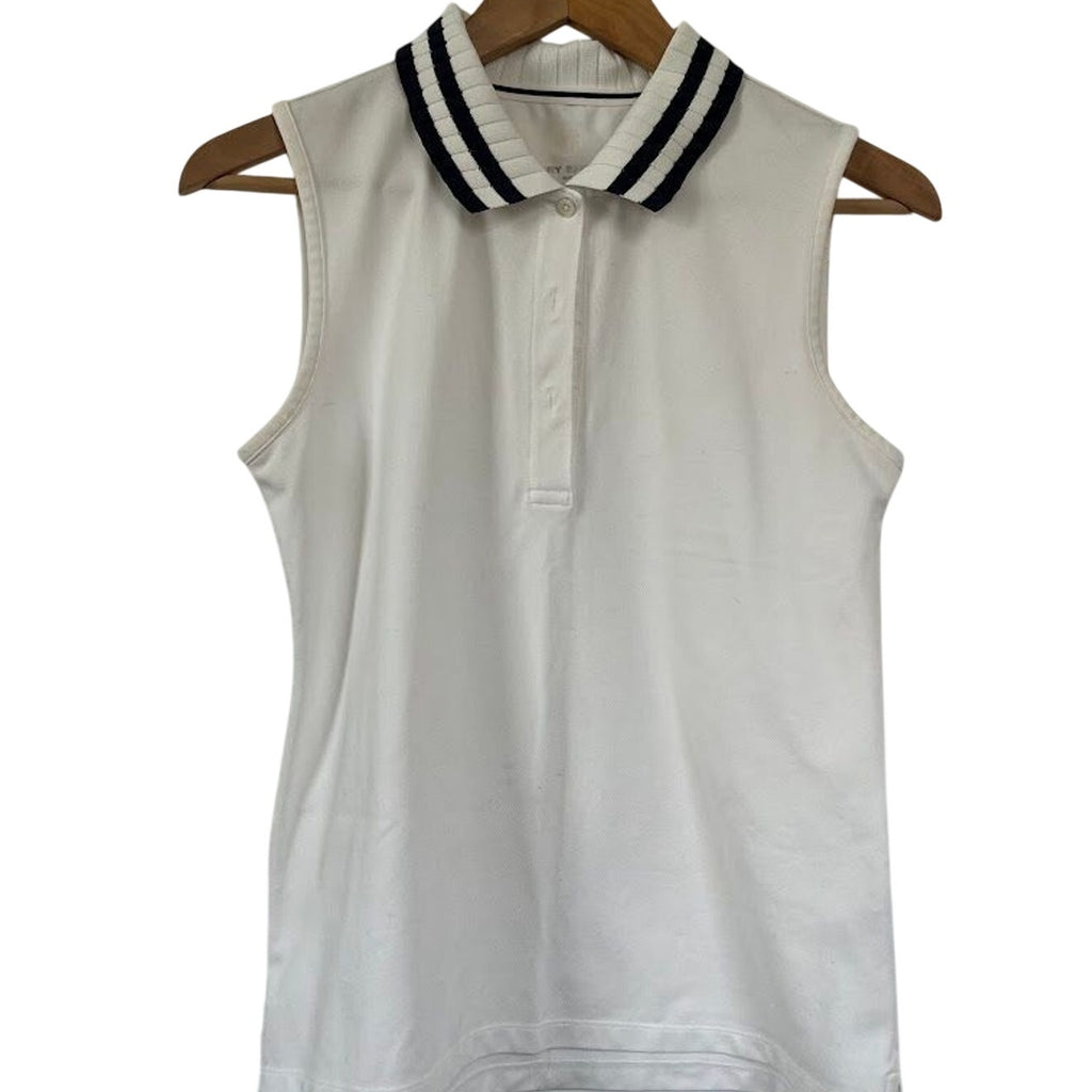 Tory Sport Sleeveless Performance Polo White Navy Striped Collar Size M Style 43754