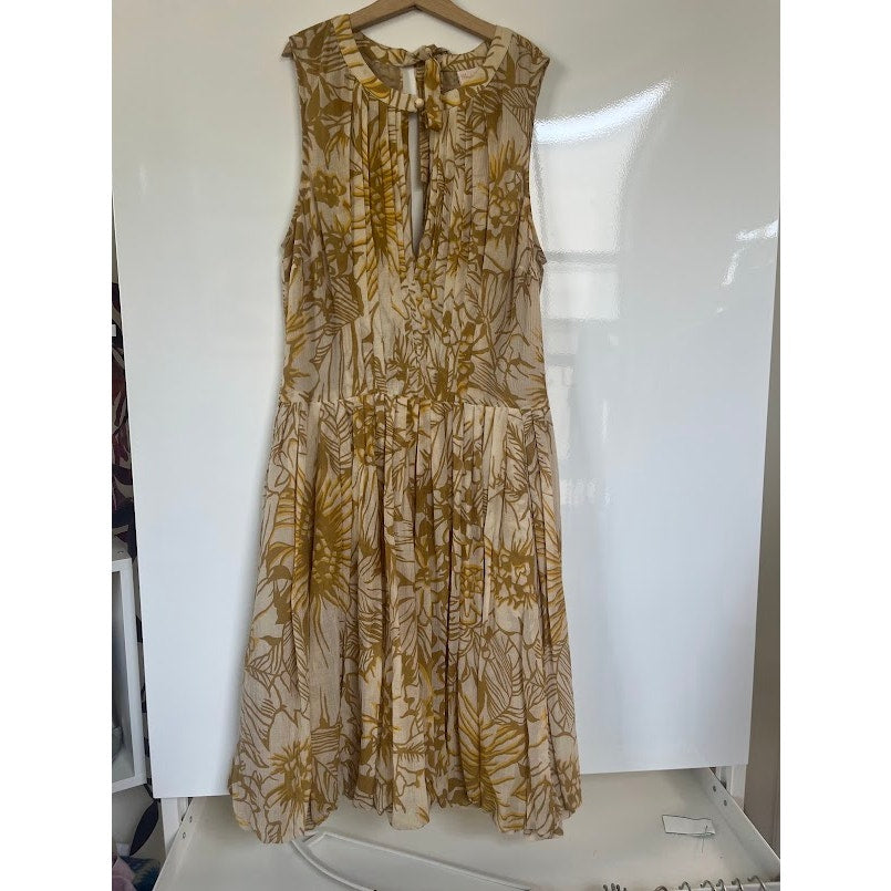 Tracy Reese Gold Botanical Silk Cotton Midi Dress Autumn Wedding Guest Size 6