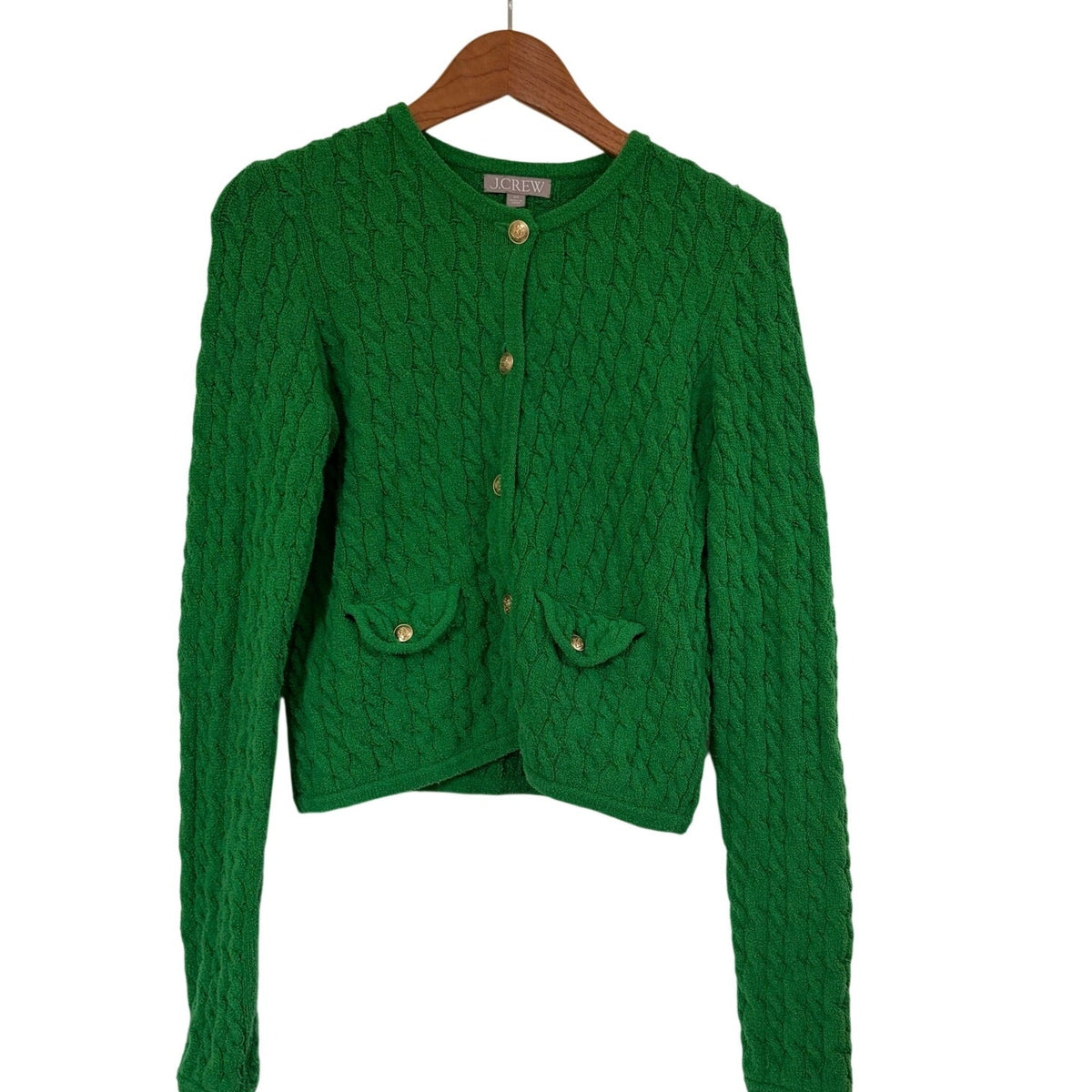 J.Crew Green Textured Cable Knit Cardigan Crest Buttons Pockets Cropped