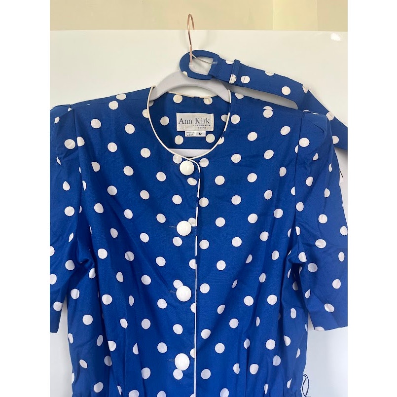 Vintage 80s Blue Polka Dot Midi Dress  Princess Diana Era Old Money