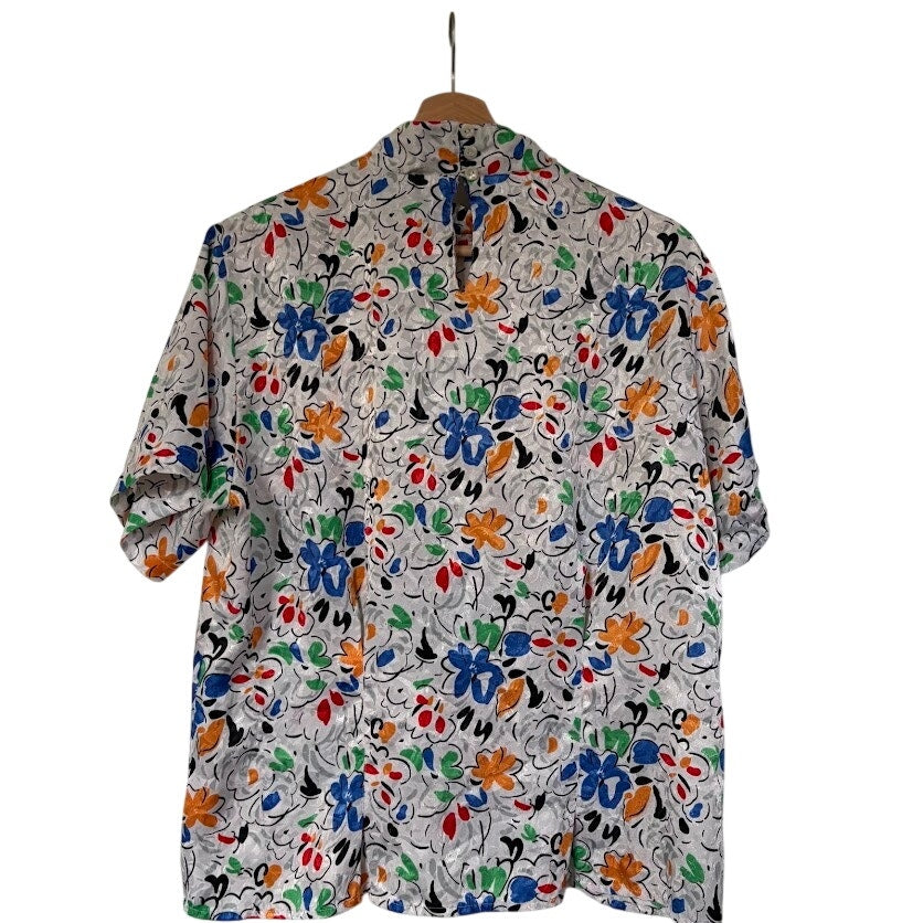Vintage 80s Bethany Floral Mock Neck Blouse Power Dressing Abstract Print