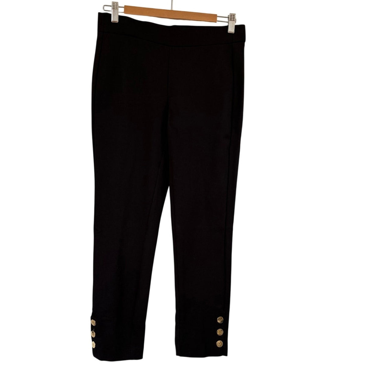 Anne Klein Black Ponte Ankle Pants Gold AK Button Hem Workwear Size 6