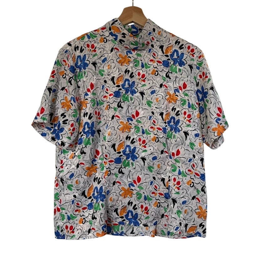 Vintage 80s Bethany Floral Mock Neck Blouse Power Dressing Abstract Print