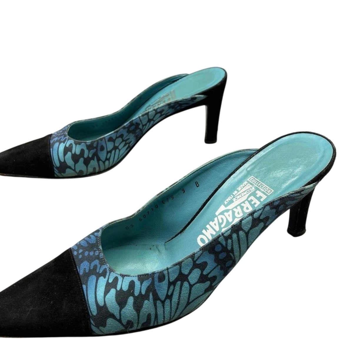 Salvatore Ferragamo Satin Mule Heel | Peacock Print | Cap Toe | Size 9B