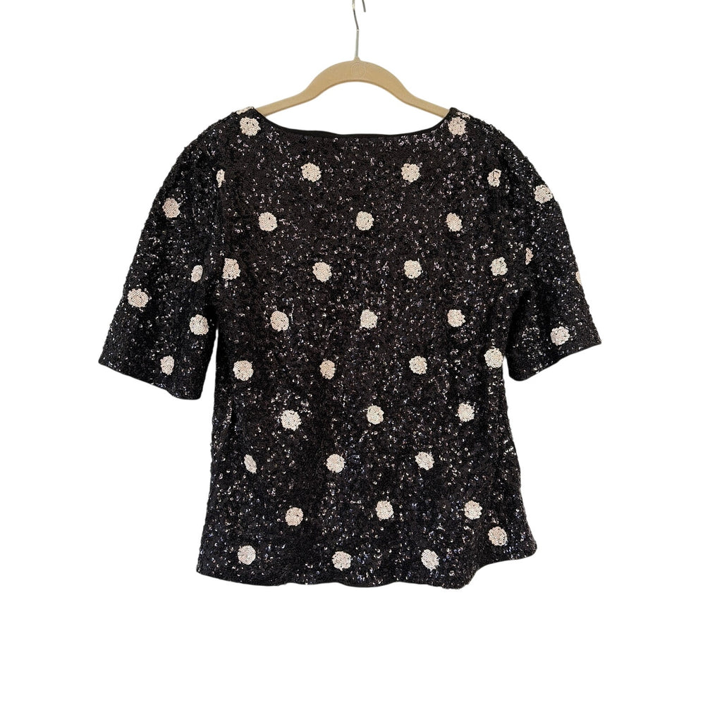 J.Crew Black Sequin Polka Dot Top Short Sleeve Holiday Party Blouse Womens L