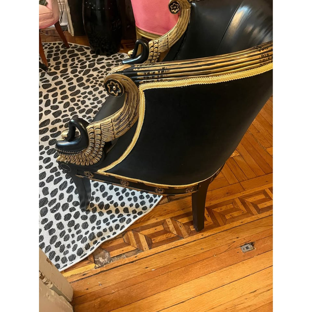 French Empire Bergère Chair | Black Leather + Ebonized Gilt Frame
